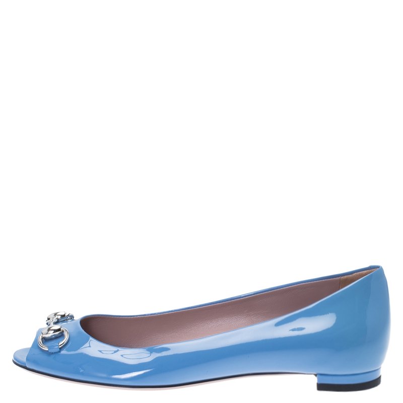 Gucci Mineral Blue Patent Jolene Horsebit Peep Toe Ballet Flats Size 36 ...