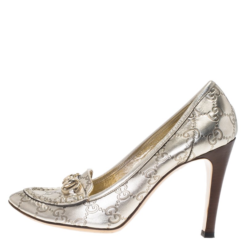 مملوكة مسبقًا Gucci Metallic Gold Guccissima Leather Horsebit Loafer Pumps Size 41.5