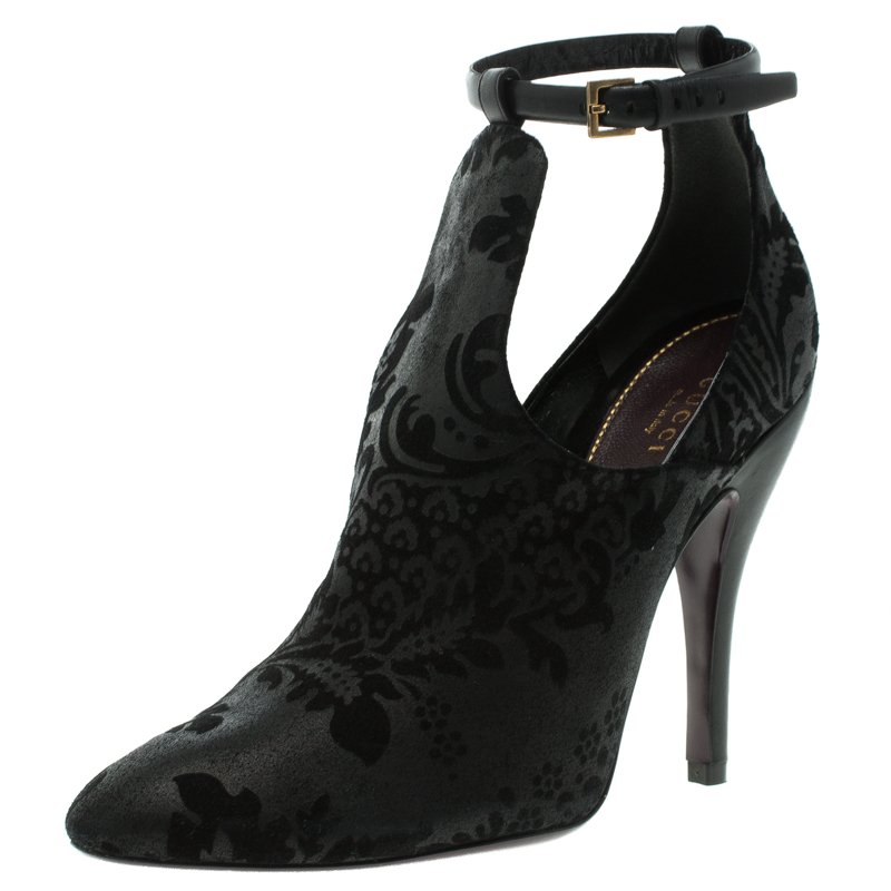 Gucci Black Brocade Suede Ankle Strap Cut Out Ankle Boots Size 40