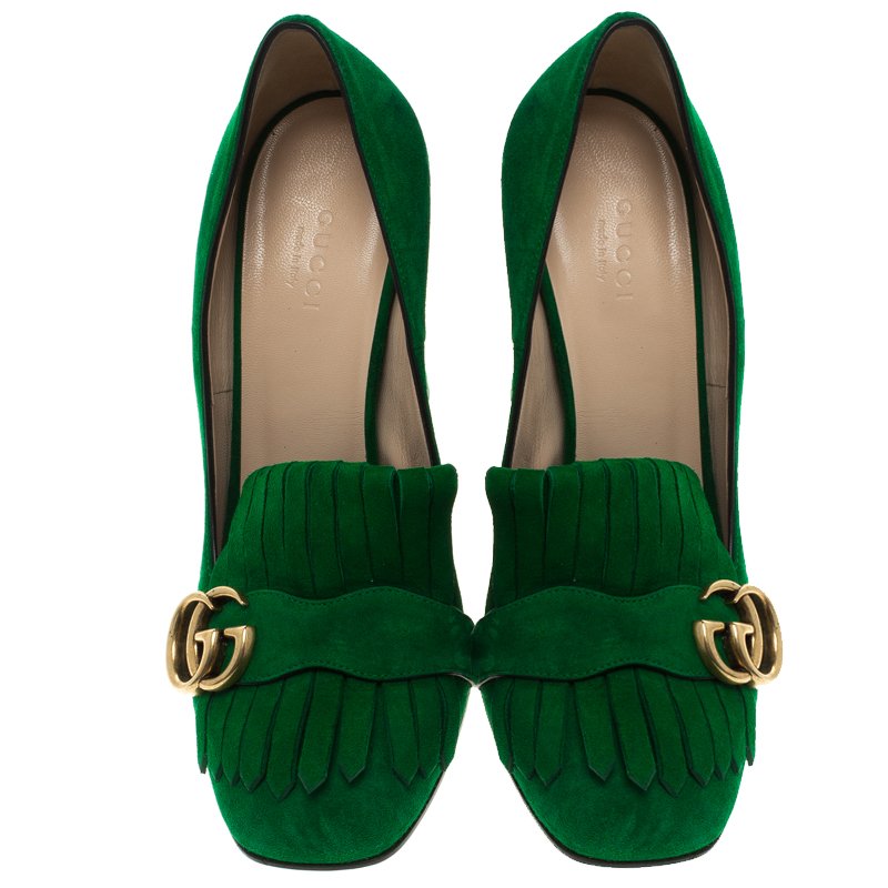 Gucci Emerald Green Suede Fringe Detail Block Heel Pumps Size 38.5 ...