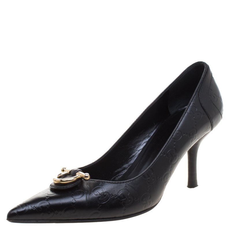 Pre Owned Gucci Black Guccissima Leather Pointed Toe Pumps Size 37