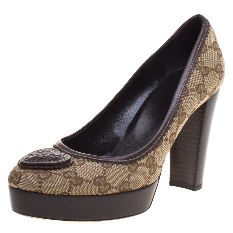 Pre Owned Gucci Beige GG Canvas Crest Logo Platform Block Heel Pumps Size 37.5