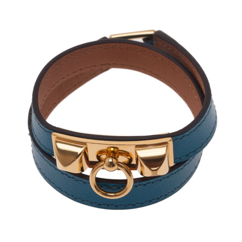 Pre Owned Hermes Rivale Double Tour Blue Leather Bracelet