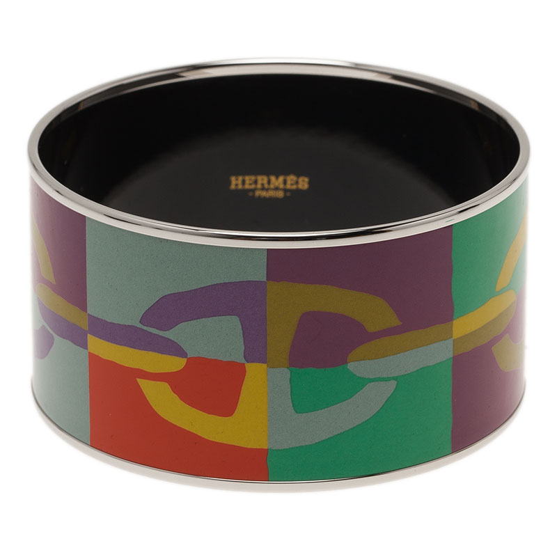 Pre Owned Hermes Extra Wide Printed Multi Color Silver Plated Bangle Bracelet