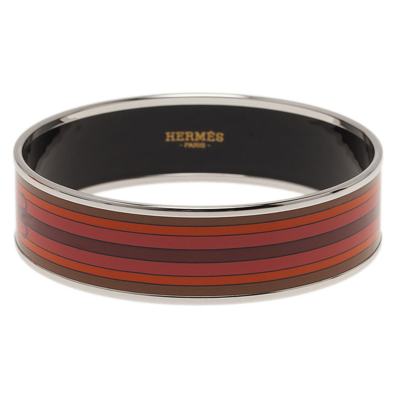 Hermes Wide Printed Belt Design Multi Color Silver-Plated Bangle Bracelet