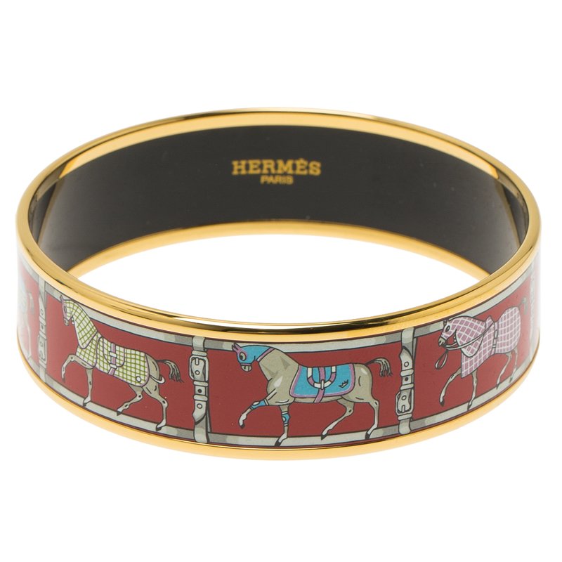 Pre Owned Hermès Wide Horse Printed Red Enamel Gold Plated Bracelet