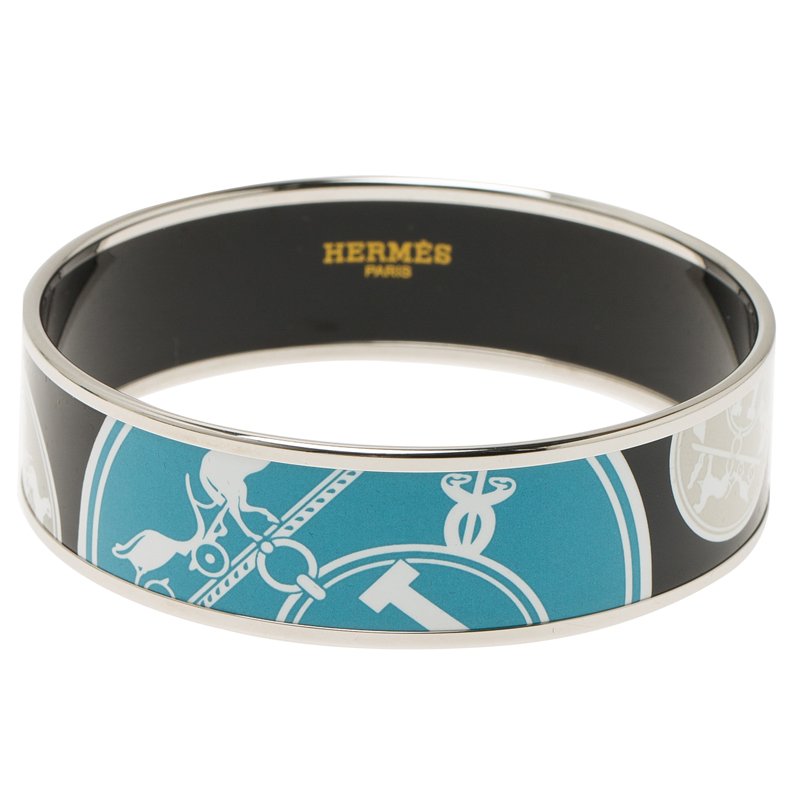 Pre Owned Hermès Wide Printed Black Enamel Palladium Plated Bracelet