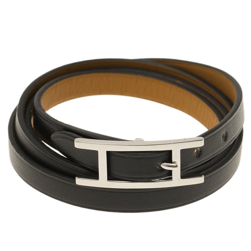 Black Leather Palladium Bracelet Hermes 
