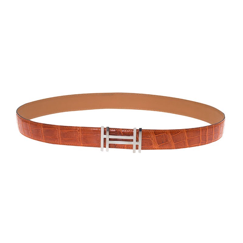 Pre Owned Hermes Orange Crocodile Leather H Buckle Belt 90CM