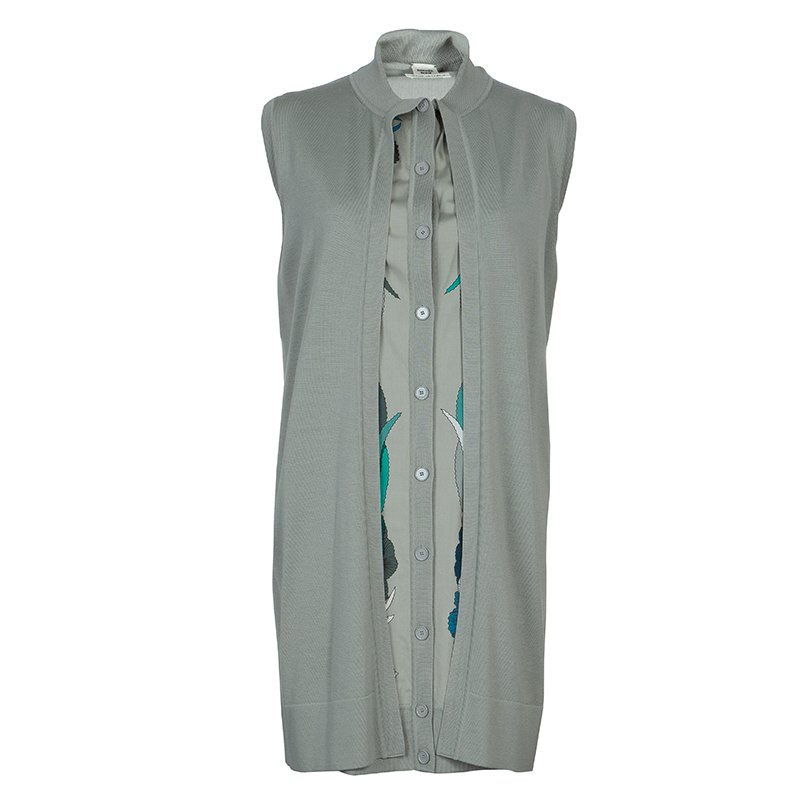 Pre Owned Hermes Grey Printed Cotton Sleeveless Cardigan Dress S