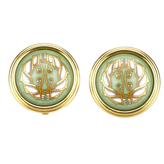 Pre Owned Hermes Cloisonne Green Gold Tone Clip On Earrings