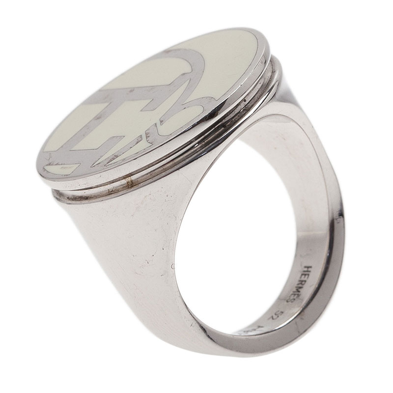 Hermes Logo White Silver Tone Ring Size 52