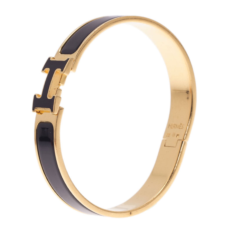 Hermes Clic Clac H Black Enamel Gold - Plated Bracelet