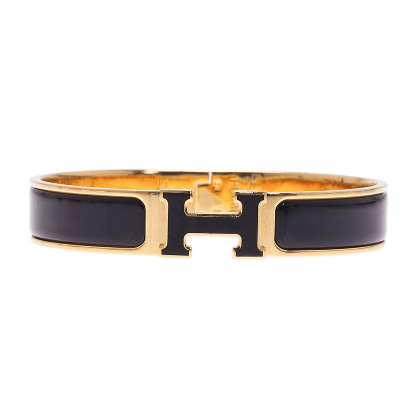 Hermes Clic Clac H Black Enamel Gold - Plated Bracelet