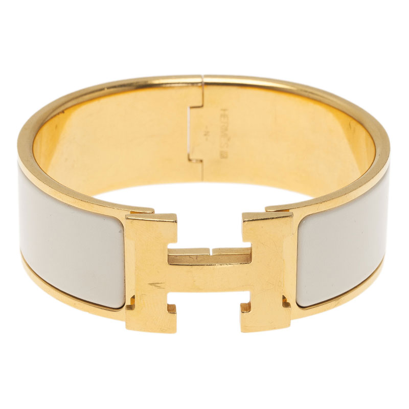 Pre Owned Hermes Clic Clac H Wide White Enamel Gold-Plated Bracelet