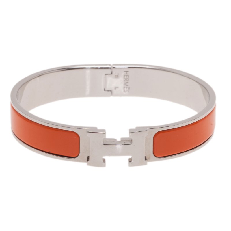 Pre Owned Hermes Clic Clac H Orange Enamel Palladium-Plated Bracelet GM