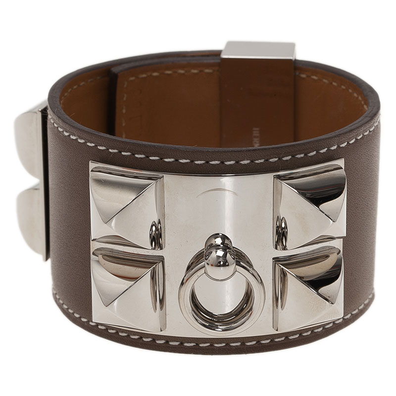 Pre Owned Hermès Collier de Chien Taupe Calfskin Leather Palladium Plated Cuff Bracelet