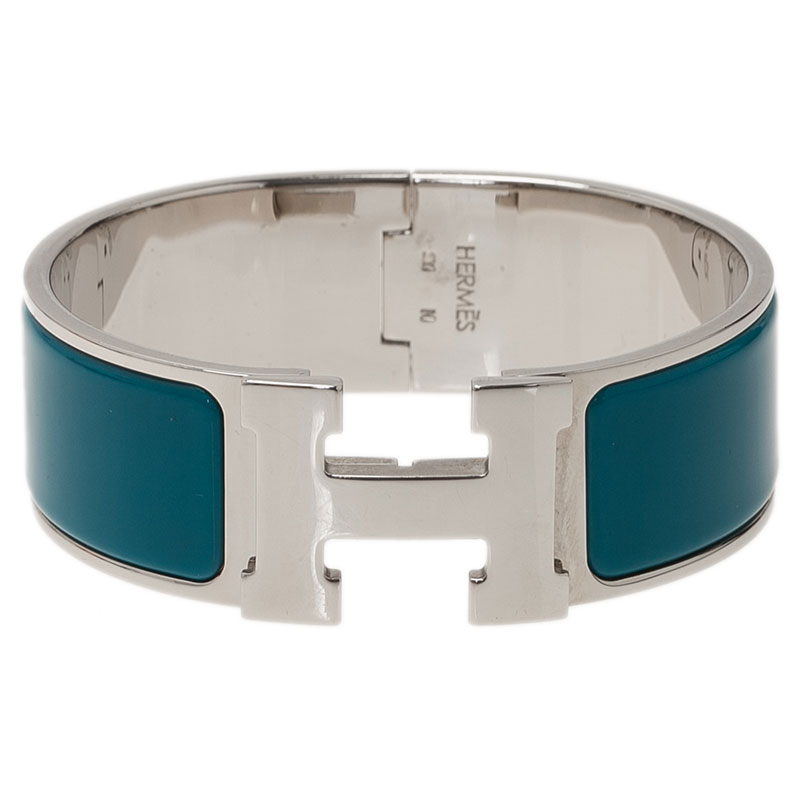 Pre Owned Hermes Clic Clac H Wide Duck Blue Enamel Palladium-Plated Bracelet PM