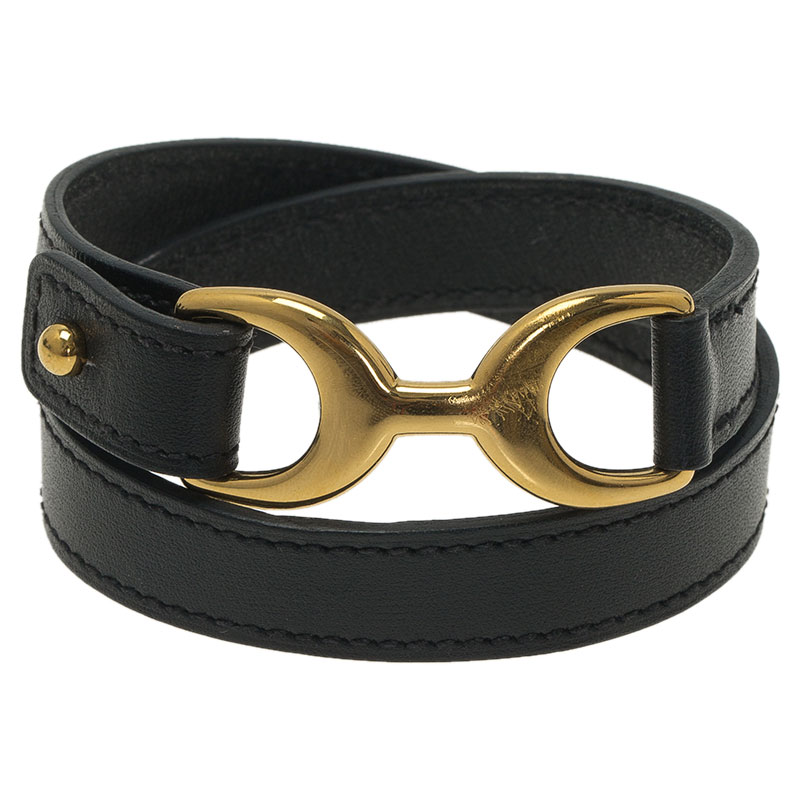 Pre Owned Hermes Baby Pavene Black Chamonix Calfskin Leather Gold-Plated Bracelet