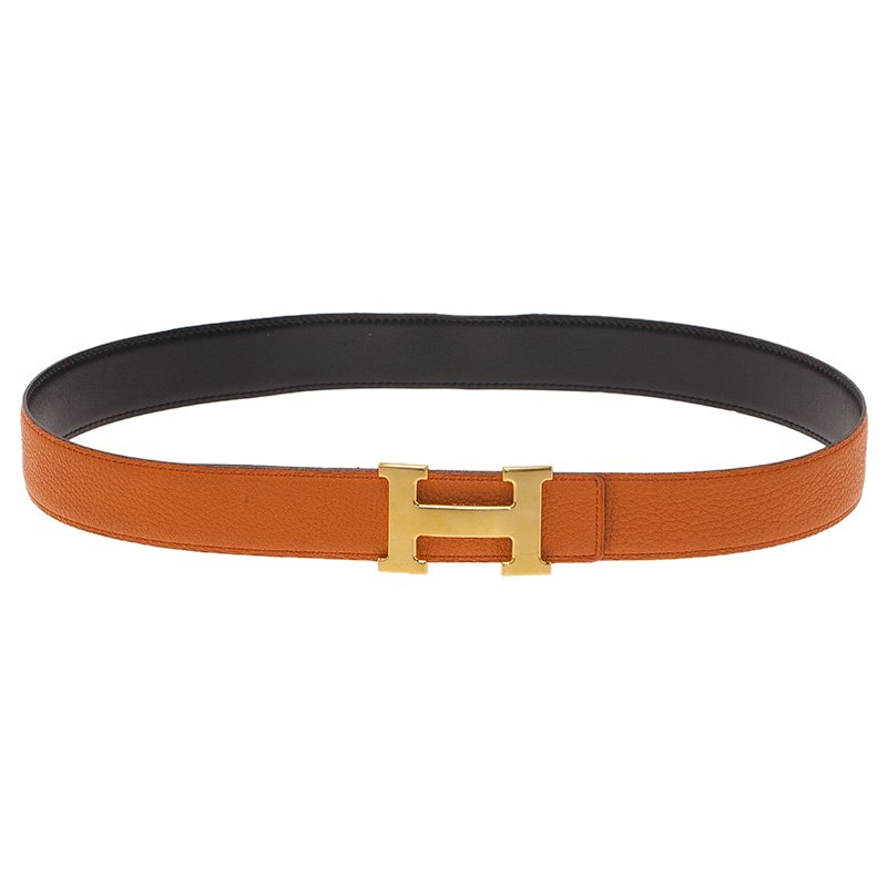 مملوكة مسبقًا حزام هيرمس كونستانس جلد برتقالي/أسود بوجهين 85سم