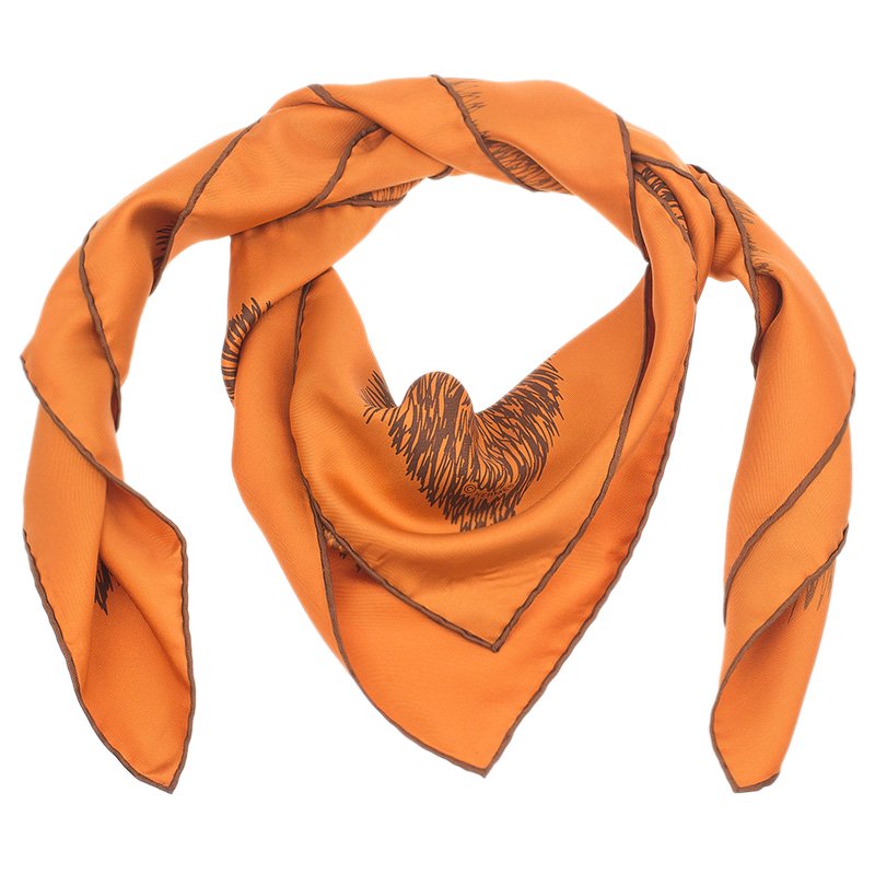 Pre Owned Hermes Orange Silk Grass Printed Scarf