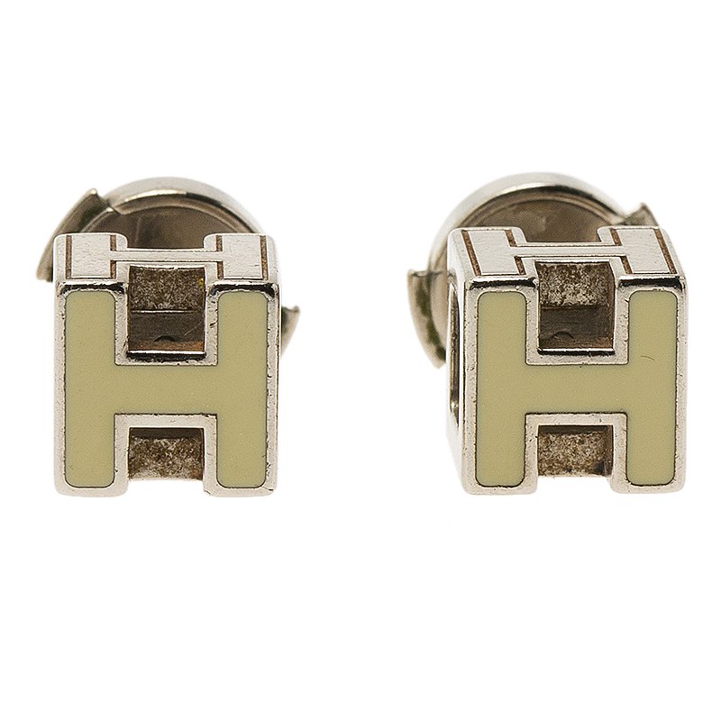 Pre Owned Hermes Cage d'H White Enamel Palladium Plated Earrings