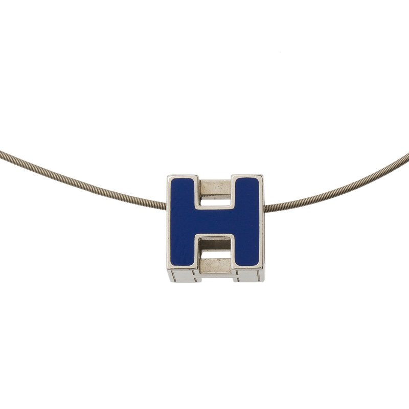 Pre Owned Hermes Cage d'H Blue Enamel Silver Tone Necklace
