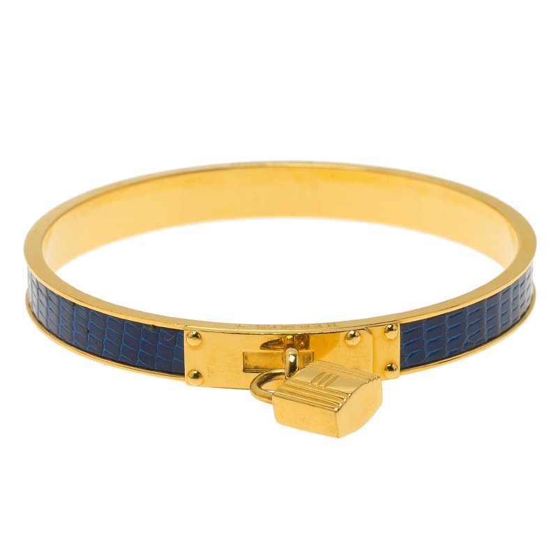 Pre Owned Hermes Kelly Blue Leather and Gold Plated Metal Bangle Bracelet