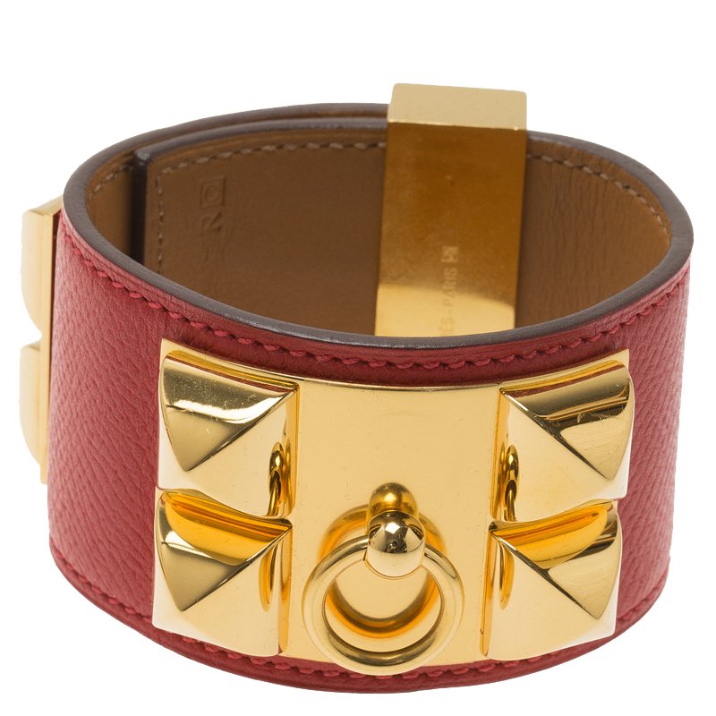 Pre Owned Hermès Collier de Chien Red Calfskin Leather Gold Plated Cuff Bracelet