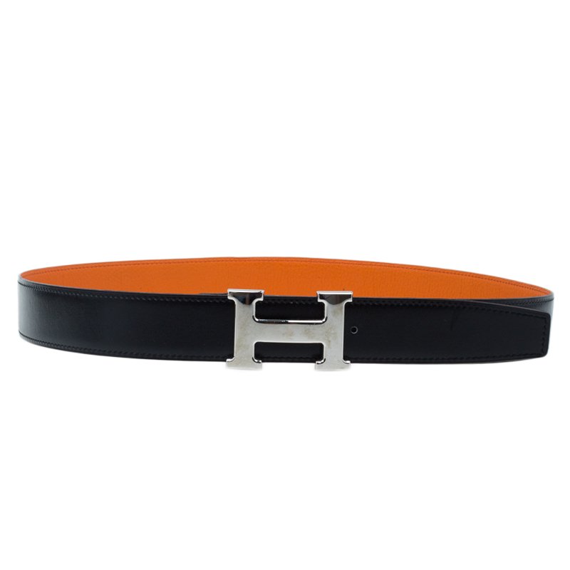 Pre Owned Hermes Orange/Black Leather Reversible Constance Belt 85CM