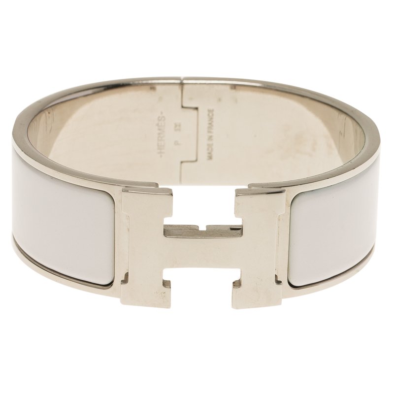 مملوكة مسبقًا Hermes Clic Clac H Wide White Enamel Palladium Plated Bracelet
