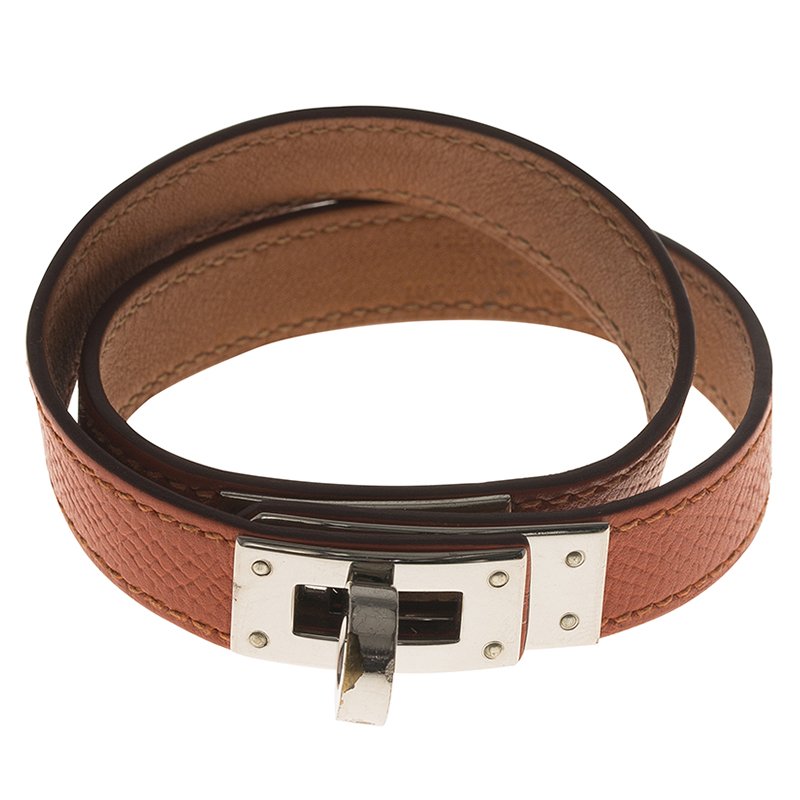 Pre Owned Hermes Kelly Double Tour Orange Palladium Plated Leather Bracelet