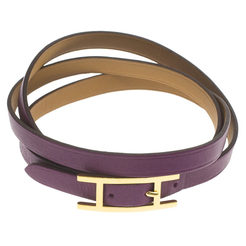 Hermès Hapi 3MM Purple Gold Tone Leather Bracelet