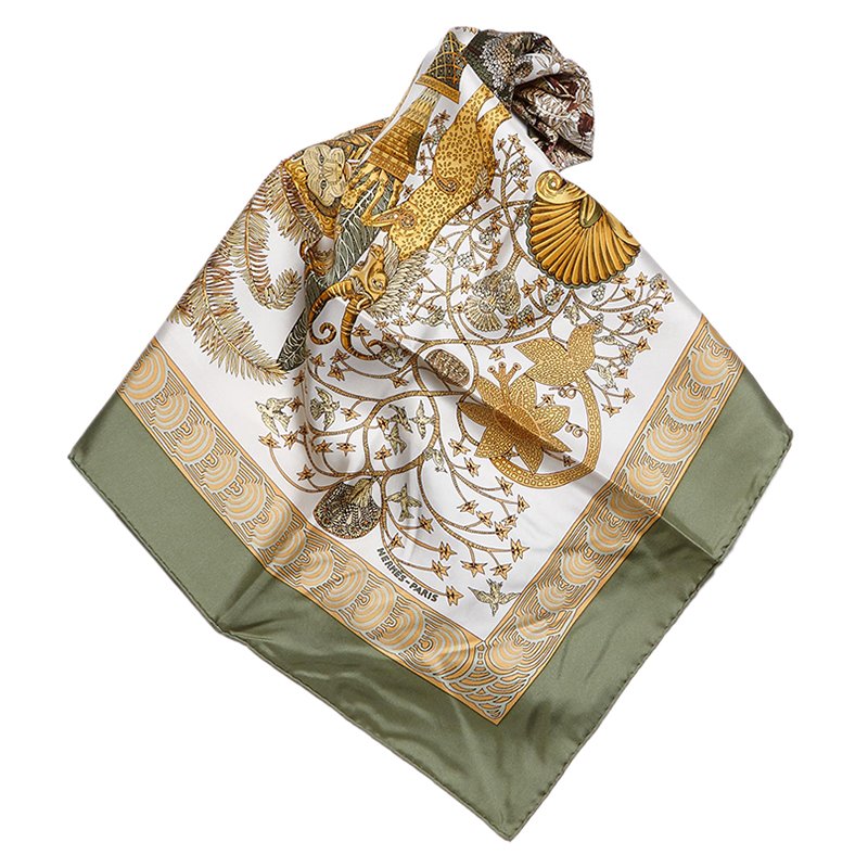 Pre Owned Hermes Green Les Legendes de l'Arbre  Silk Square Scarf