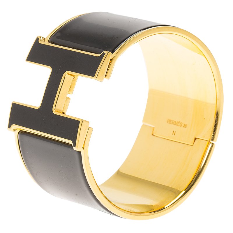 Hermes Clic Clac H Extra Wide Black Enamel Gold-Plated Bracelet PM