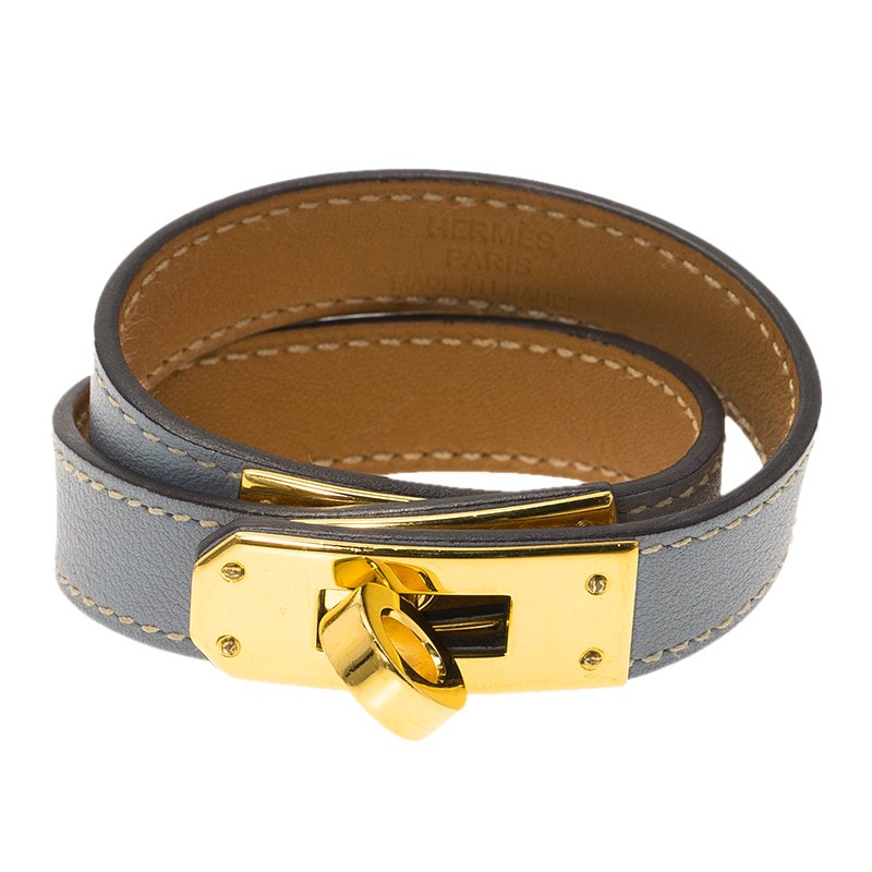 Hermes Kelly Double Tour Grey Leather Gold Plated Wrap Bracelet Hermes ...