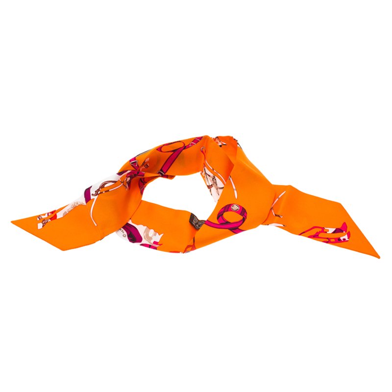 Hermes Orange Horse Carriage Printed Silk Twilly Neck Scarf