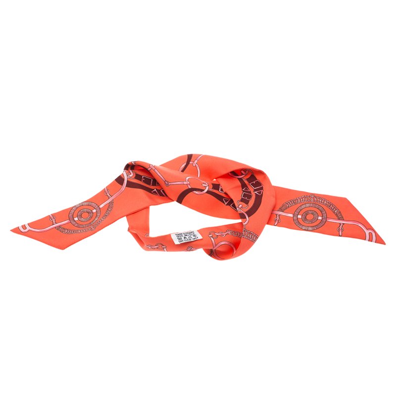 Pre Owned Hermes Coral & Maroon Horsebit Printed Silk Twilly Neck Scarf
