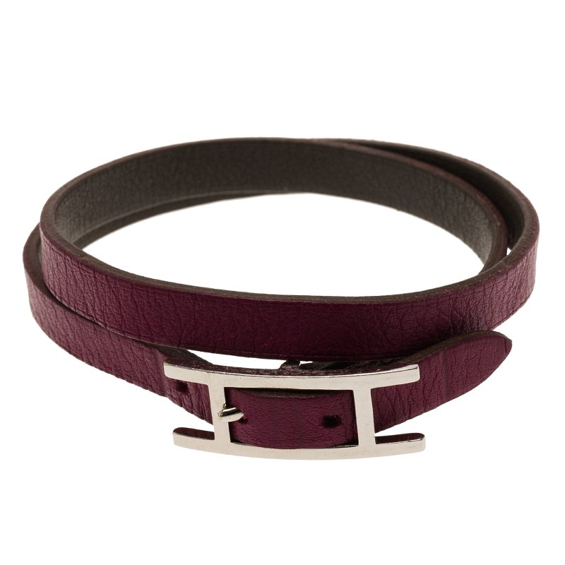 Pre Owned Hermès Hapi 3 MM Purple Leather Palladium Plated Wrap Bracelet GM