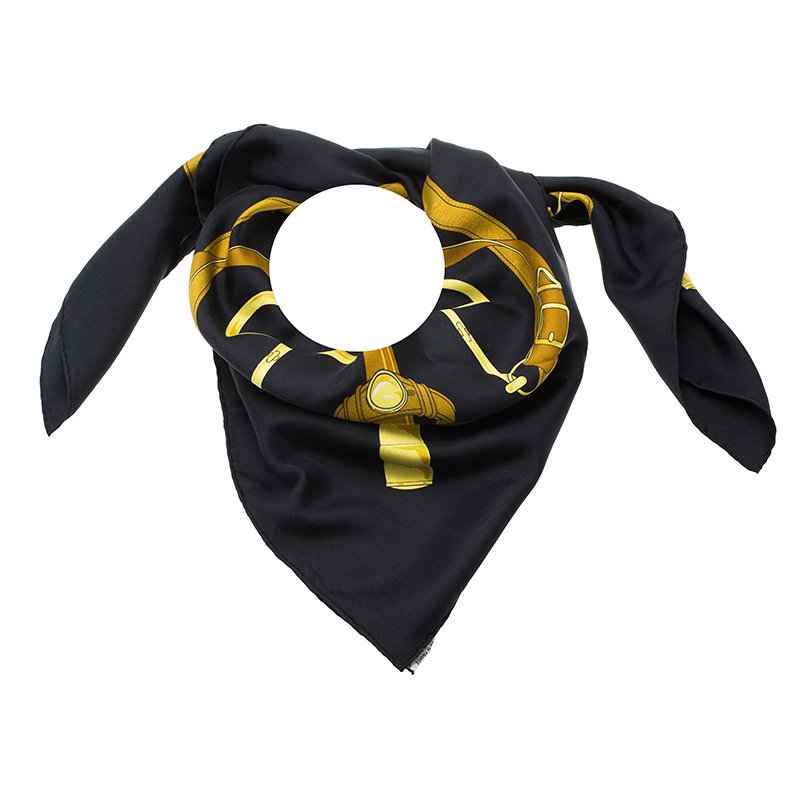 Pre Owned Hermes Black and Gold Eperon d'Or Silk Square Scarf