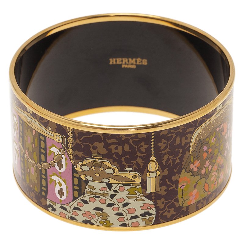 Pre Owned Hermes Extra Wide Printed Enamel Gold Plated Bangle Bracelet
