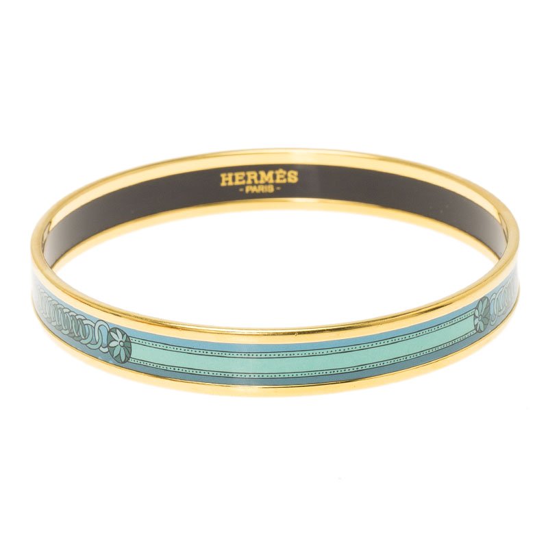 Pre Owned Hermes Turquoise Printed Enamel Gold Plated Narrow Bangle Bracelet 21cm