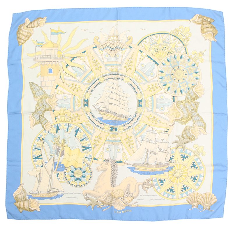 Pre Owned Hermes Blue L'Air Marin Silk Square Scarf