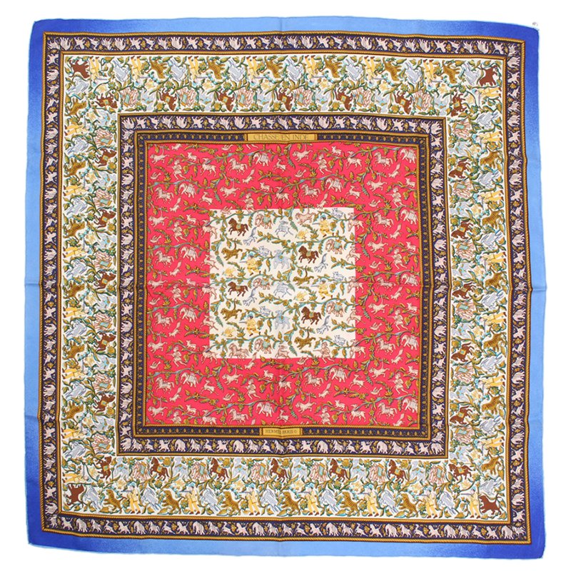 Pre Owned Hermes Blue Chasse En Inde Silk Square Scarf