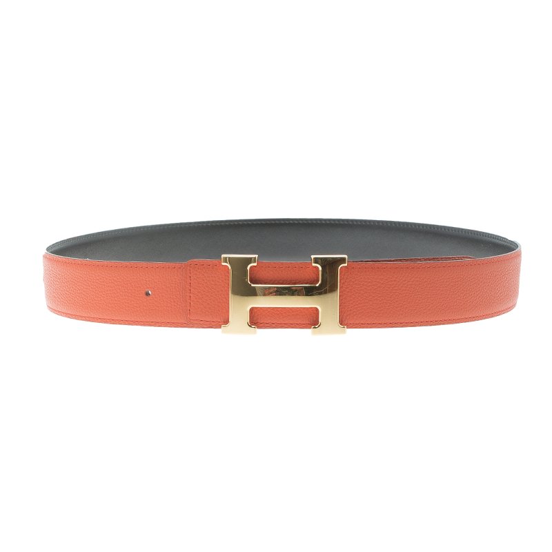 Pre Owned Hermes Orange and Black Leather Constance Reversible Belt 85 CM