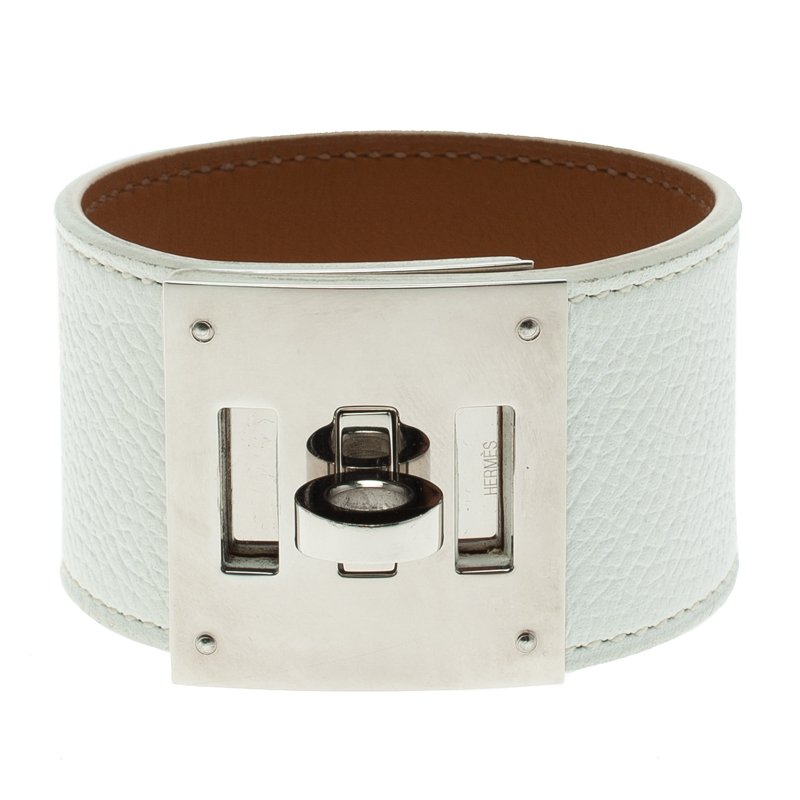 Pre Owned Hermes Kelly Dog White Leather Palladium Plated Wide Bracelet