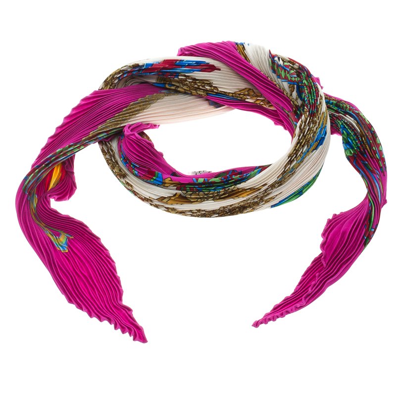 Pre Owned Hermes Multicolor Printed Plisse Silk Les Rubans Du Cheval Diamond Scarf