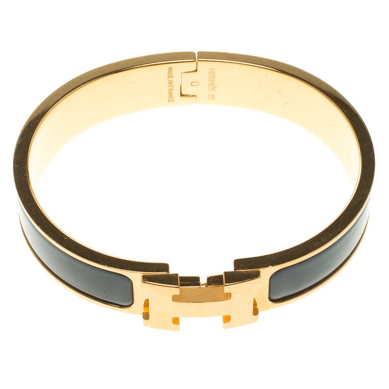 Pre Owned Hermes Clic Clac H Blue Enamel Gold Tone  Narrow Bracelet PM