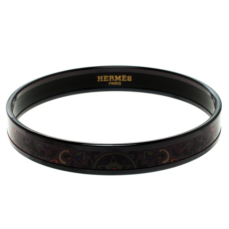 Hermes Purple Printed Enamel Black PVD Plated Narrow Bangle Bracelet GM