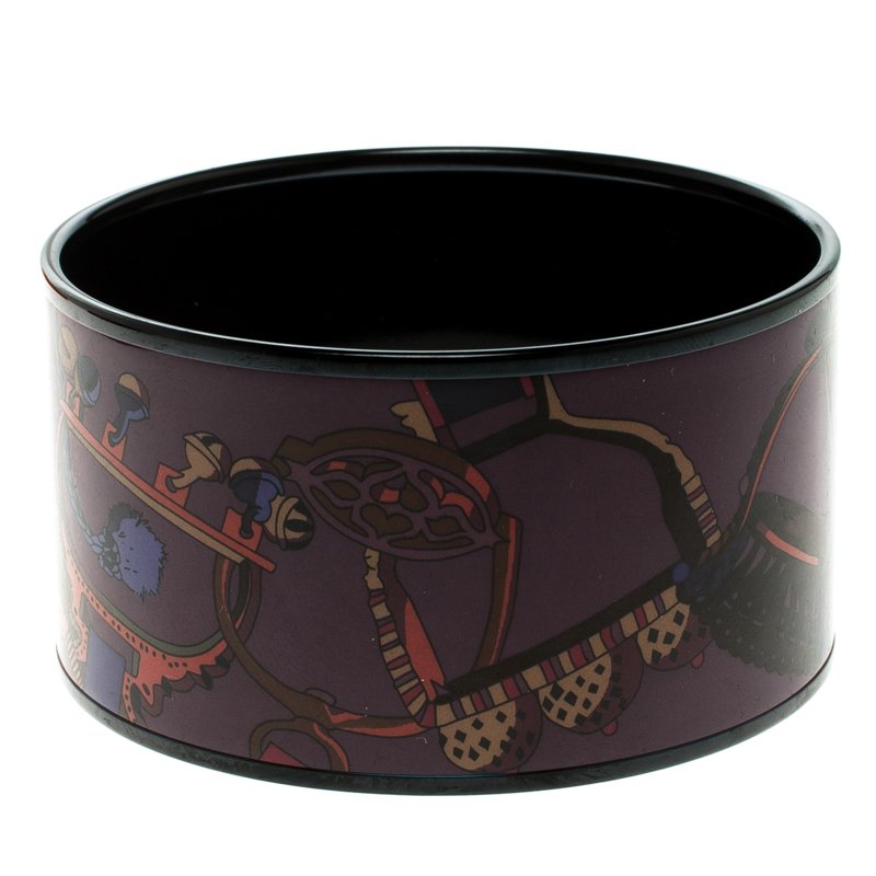 Pre Owned Hermes Purple Printed Enamel Black PVD-plated Wide Bangle Bracelet GM